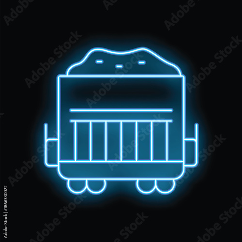 Glowing neon blue icon of a train car carrying coal, set on a black background