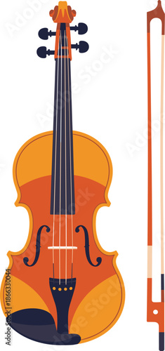 Elegant orange violin with bow illustration musical instrument flat design stringed orchestral instrument for classical music performance arts education symphony orchestra website graphic design eleme