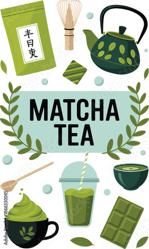 Vibrant matcha tea assortment with whisk teapot and sweets delicious japanese green tea ceremony preparation relaxation beverage illustration for healthy lifestyle advertising fresh culinary experienc