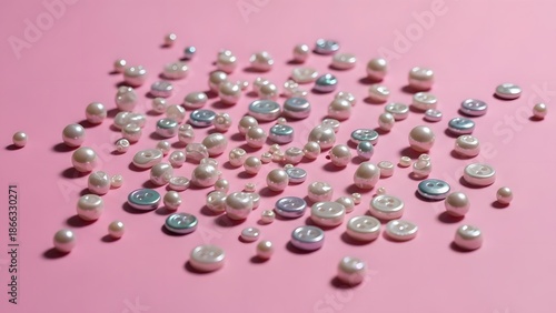 Delicate pearls scattered artfully on a light pink surface, offering a touch of elegance and subtle beauty. The pearls vary in size and color, hinting at the diversity within simplicity