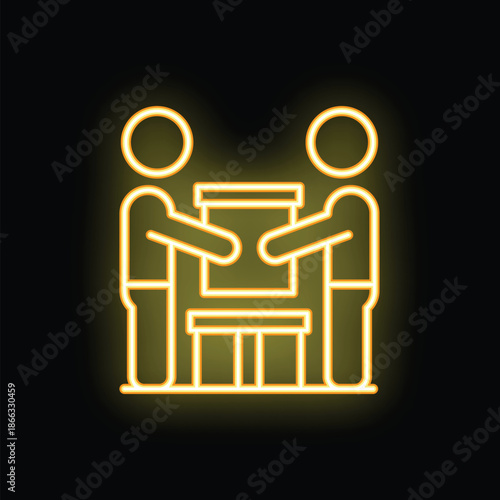 Neon icon representing two movers carrying box into house over threshold, delivery service concept
