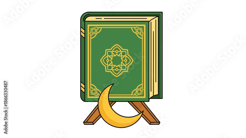 Illustration of a green Quran book with gold details on a stand with a crescent moon, against a white background.