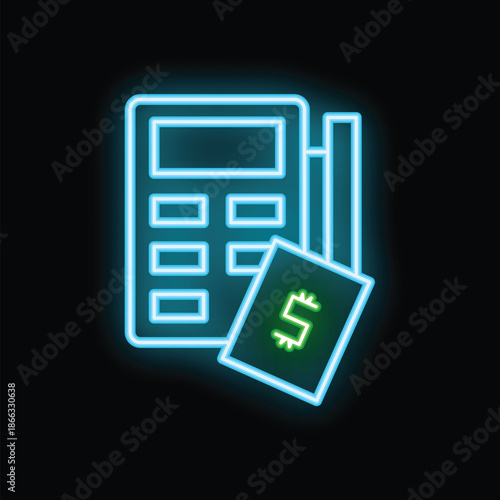 Neon pos terminal processing a payment with dollar sign on black background, concept of electronic payment
