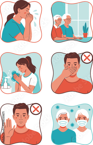 Coronavirus prevention methods illustration set with woman coughing into elbow washing hands elderly couple social distancing man covering mouth and making stop gesture healthcare guidelines for medic
