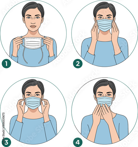 Woman demonstrating how to wear a medical face mask for coronavirus prevention in simple step by step illustrations personal protection guide for healthcare professionals and public health awareness c