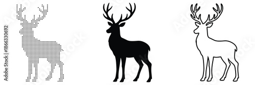 Majestic stag silhouettes in grey, black, and outline on a clean white background