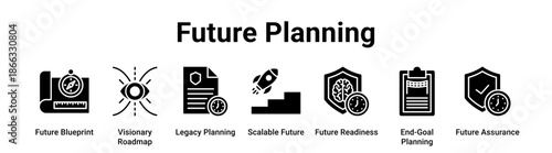 Future Planning web banner icon vector illustration concept for business with icon of Future Blueprint, Visionary Roadmap, Legacy Planning, Scalable Future, Future Readiness, End-Goal Planning,.