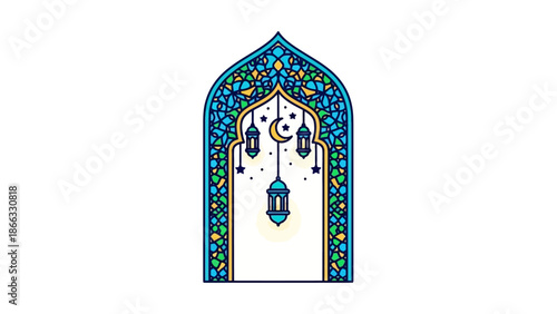 Intricately designed archway with colorful mosaic tiles and a white door, set against a clean white background with a mix of blue, green, and yellow hues.