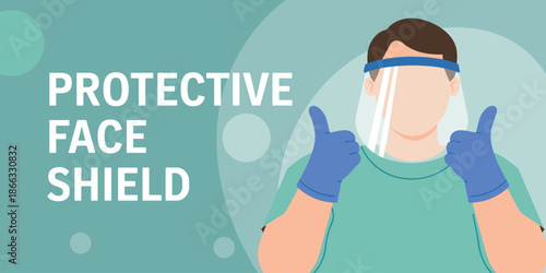 Medical professional wearing clear protective face shield and blue gloves giving thumbs up for safety health awareness during pandemic vector illustration for healthcare workers essential services con