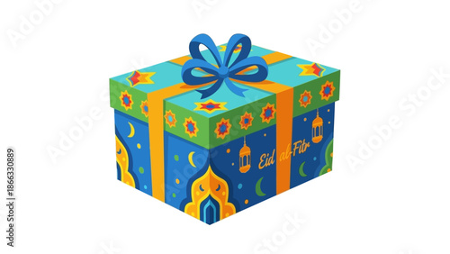 A colorful gift box with a blue bow on a white background, featuring a vibrant blue, green, and orange pattern.