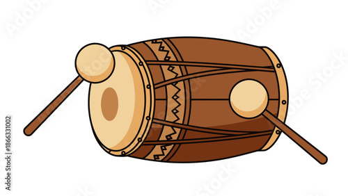 Illustration of a traditional brown dhol drum with two drumsticks on a white background.