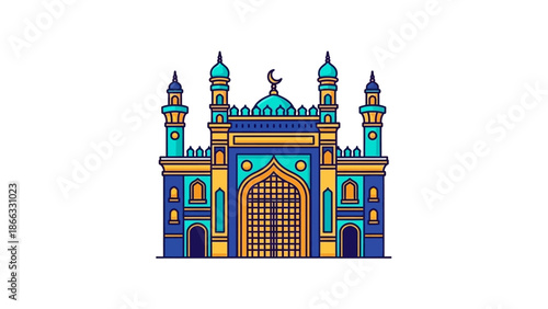 Vibrant illustration of an ornate building facade with towers and arched doorway in shades of blue, orange, and yellow on a white background.