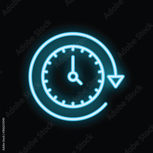 Clock with circular arrow in neon blue indicating time flies on black background
