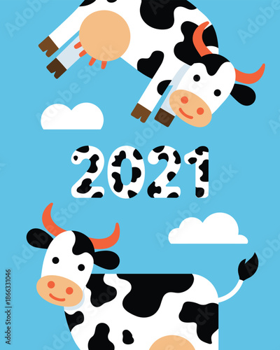 Cute cartoon cow illustration with 2021 new year design element happy farm animal character graphic for kids books and educational materials adorable bovine mammal vector art for seasonal greetings an