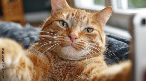 Funny ginger cat taking selfie with smartphone indoors at home. © Katerina Bond
