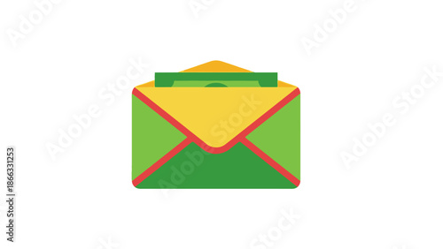 A colorful illustration of a closed green envelope with a yellow interior and red accents on a plain white background.