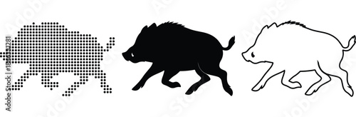 Dynamic illustration of a wild boar in three distinct styles: pixelated, solid silhouette, and outline