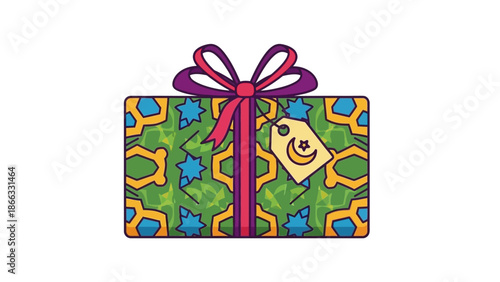 A colorful gift box with a purple ribbon and a smiley face tag on a white background, wrapped in green, blue, orange, and yellow patterned paper.