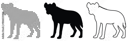 Three distinct hyena graphic representations: pixelated, silhouette, and outline.