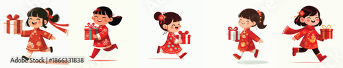 vector of little girl walking carrying Chinese New Year gift