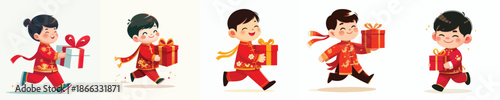 vector of little boy walking carrying Chinese New Year gift
