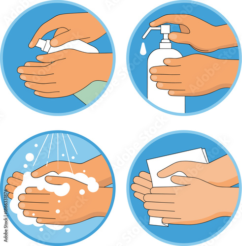 Handwashing hygiene steps illustration for preventing virus germs spread using soap sanitizer water and paper towel personal care routine instructional guide for healthcare hygiene promotion or educat