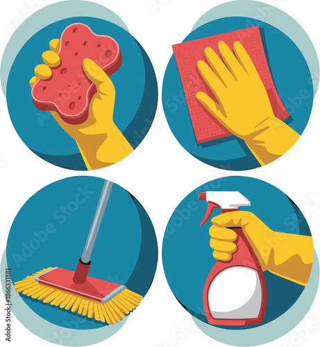 Professional cleaning service tools and equipment illustration featuring sponge cloth mop and spray bottle in gloved hands for home apartment office janitorial hygiene maintenance and sanitation servi
