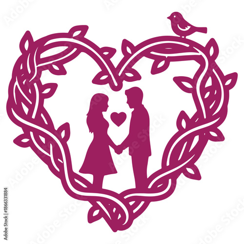Heartshaped silhouette of a couple embracing within an intricate vine wreath with a small bird above isolated on a transparent background