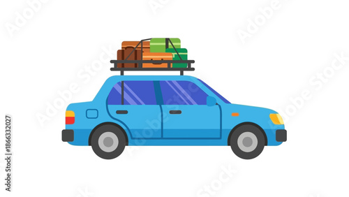 Side view of a blue car with a luggage rack on top loaded with colorful suitcases against a plain white background.