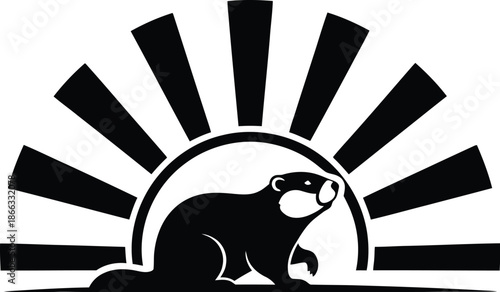 Minimalist black and white logo design featuring a stylized beaver silhouette beneath a rising sunburst emblem