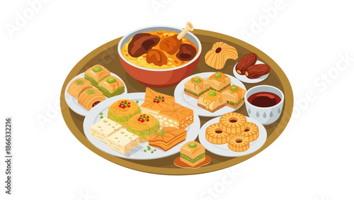 Flat lay illustration of assorted desserts and snacks on a wooden tray against a white background with warm colors.