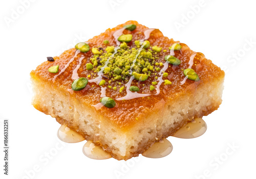 basbousa semolina cake with pistachio topping and syrup drizzle