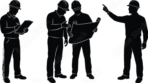 Construction engineers and workers silhouettes reviewing plans and giving directions on site isolated on white background industrial teamwork concept