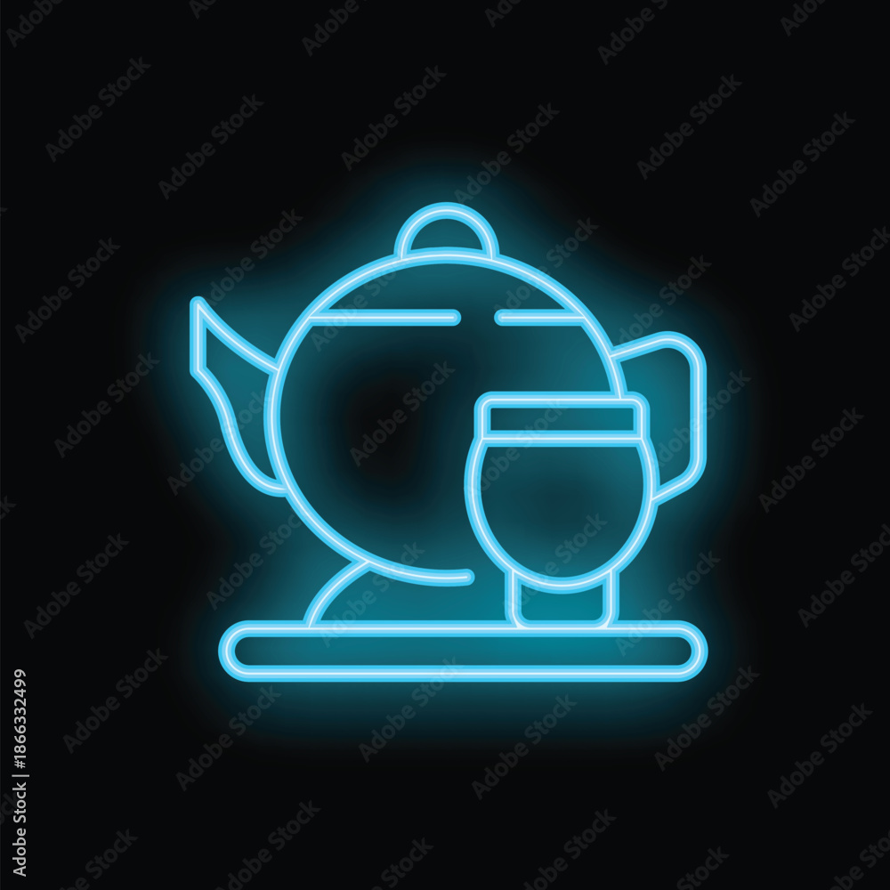Obraz premium Blue neon sign depicting a teapot and cup on a black background, perfect for businesses advertising a cozy atmosphere