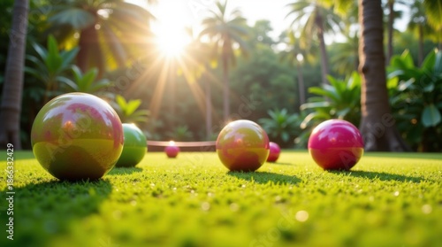 Close-up of colorfully designed lawn bowls on a green outdoor bowling green in bright sunlight 
