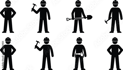 Construction worker silhouette icons set holding tools and wearing safety helmets representing industrial labor jobs isolated on white background