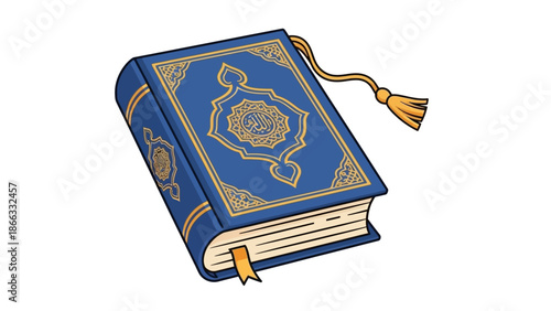 Illustration of a blue and gold decorated book with a tassel on a white background, featuring intricate designs and a bookmark.