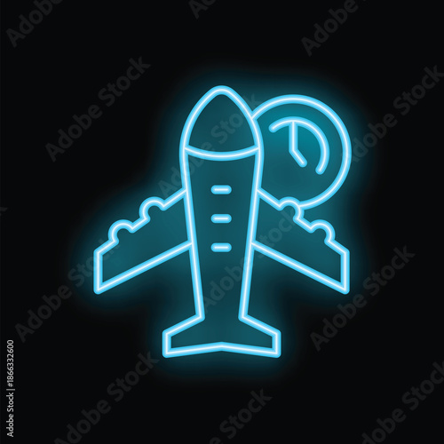 Neon airplane icon glowing with clock on black background representing flight time