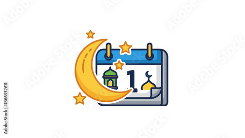 A colorful illustration of a calendar with a crescent moon and stars on a white background, symbolizing Ramadan or Islamic holidays.