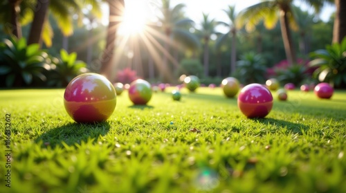 Close-up of colorfully designed lawn bowls on a green outdoor bowling green in bright sunlight 
