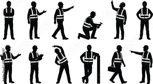 Construction worker silhouettes wearing safety vests showing different working poses actions and gestures isolated on white background industrial workforce set