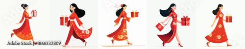 vector of woman walking carrying Chinese New Year gift