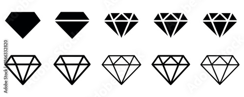 Collection of diamond icons in various styles and details, including solid and outline designs vector.