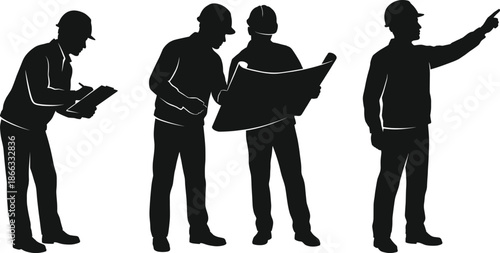 Construction workers and engineers silhouette reviewing blueprints and pointing directions on site isolated on white background industrial planning concept