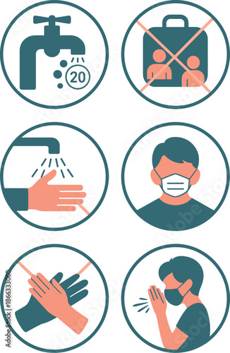 Coronavirus Covid-19 prevention methods vector illustration icons depicting hand washing hygiene wearing face mask social distancing and avoiding touching face for healthcare medical educational mater