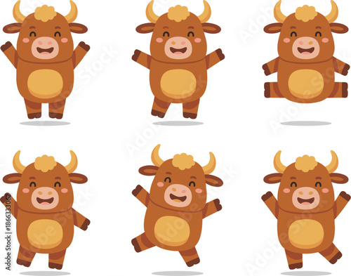 Cute cartoon bull character set illustration happy cheerful ox mascot in various poses waving jumping sitting animal vector design for kids books children's content farm agriculture advertising and pr