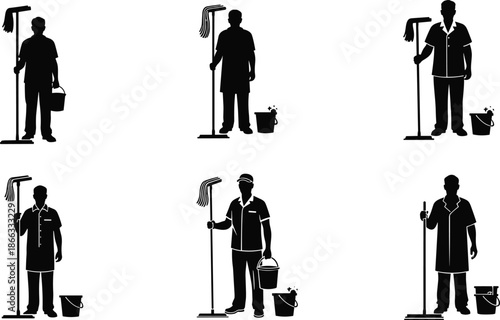 Silhouettes, janitors, cleaning staff, mop, bucket, uniform, service, hygiene, labor, work, black, white, expressive, pose, standing, sanitation, maintenance, worker, equipment, job, task