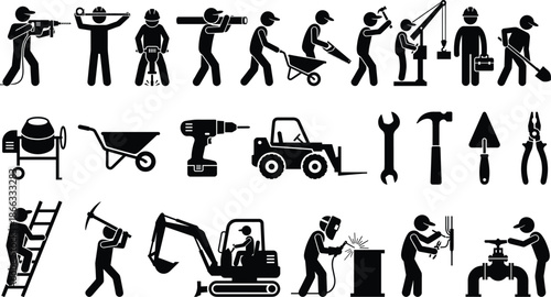 Industrial construction worker silhouettes with tools machines and heavy equipment icons set representing labor jobs isolated on white background