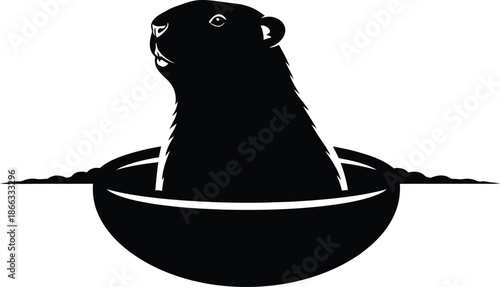 Black and white silhouette logo design featuring a groundhog emerging from its burrow hole symbolizing springtime or groundhog day.