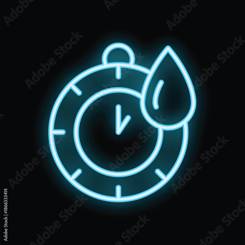 Blue neon icon of a stopwatch with a water drop, symbolizing its waterproof feature, ideal for illustrating product descriptions
